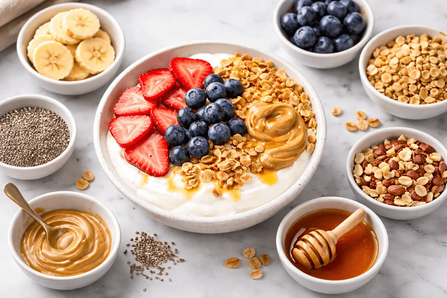 Step-by-step preparation of a Greek yogurt breakfast bowl with fruit, granola, and honey